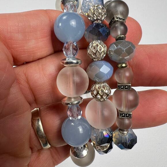 Handmade Beaded Bracelet Trio Sky Blue Gray Silver Tone Beads - Picture 4 of 9